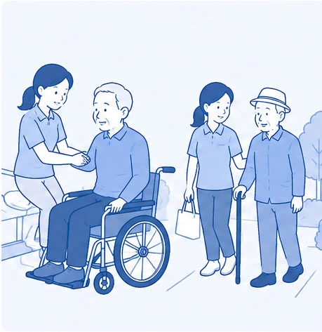 移動サポート:買い物や通院に付き添うイラスト