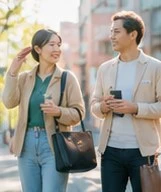 休日に街を歩く社員夫婦